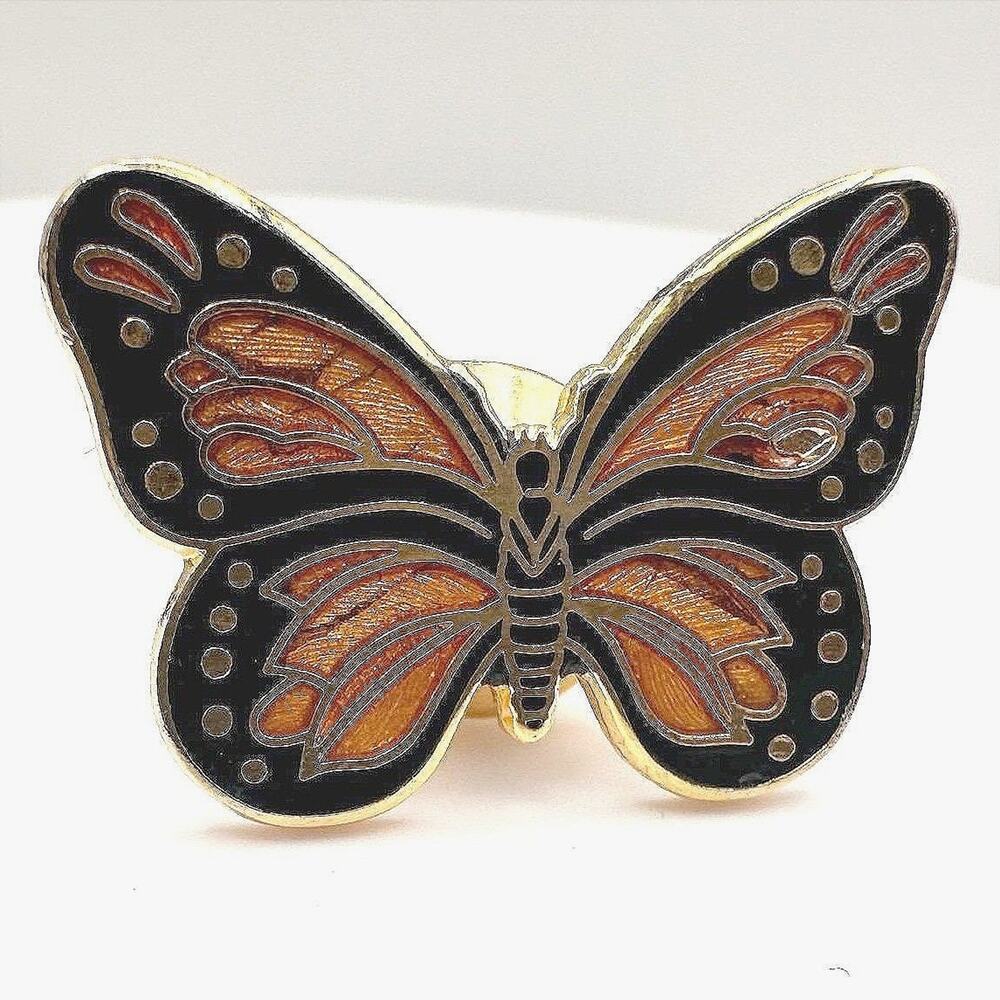 Vintage 90s Black Orange Enamel Butterfly Brooch Pin Gold Tone Insect Jewelry